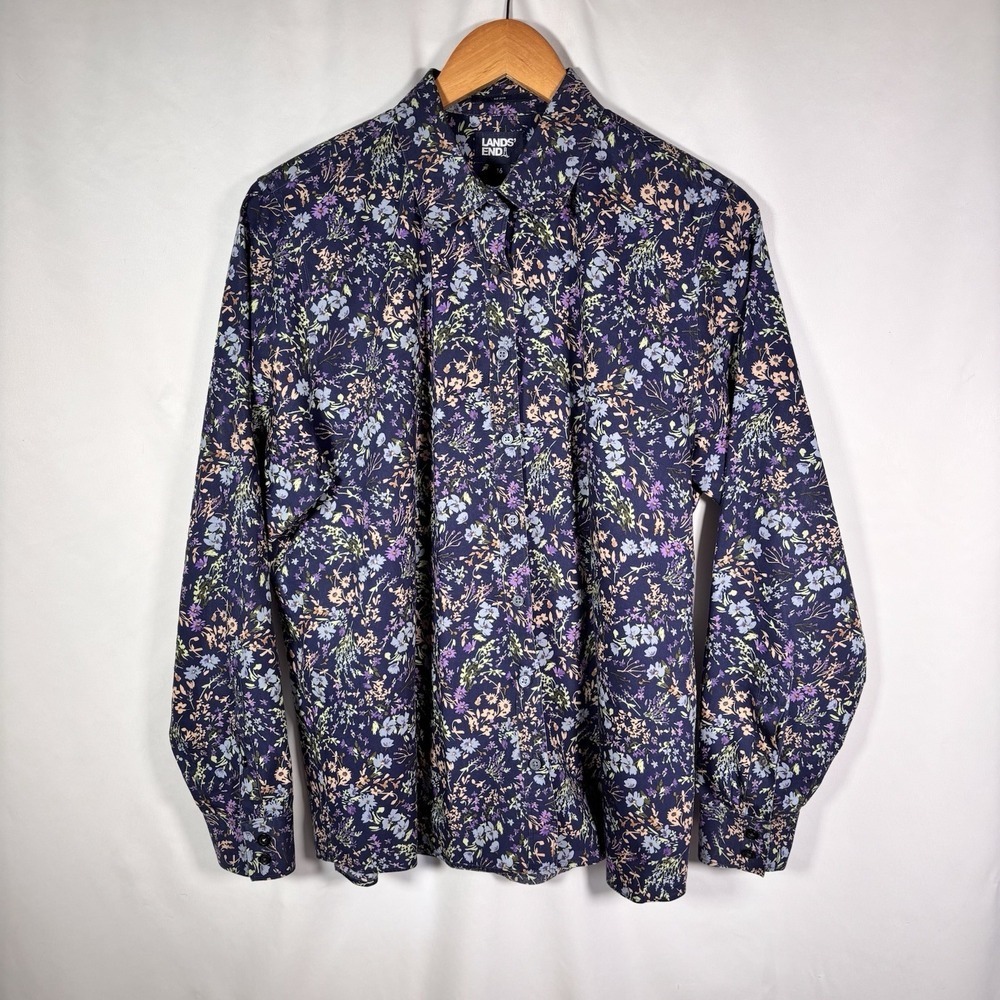 Lands End Button Up Top Womens 16 Floral Non Iron Office Casual Cotton Comfort